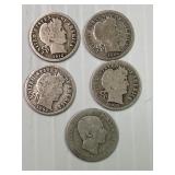 5 Silver Dimes-4 Barbers & 1 Foreign