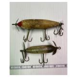 2 Antique Wood injured minnow lures -1 glass eyes