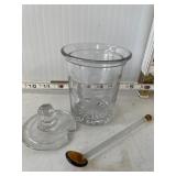 Etched Glass Mustard Pot With Lid and Spoon