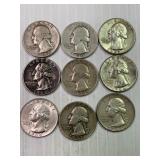 9 Washington Silver Quarters