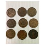 9 Indian Head Cents 1889, 90-92, 95-99