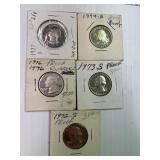 1972-S, 73-S, 74-S, 76-S, 77-S Proof Quarters x5