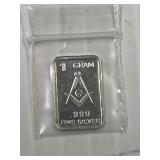 Masonic 1 gram Silver Bar