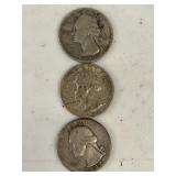3 Silver Quarters 1953 S, 1942 D, 1964 D