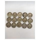15 Different Dated Mercury Silver Dimes