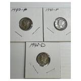 1940-P, 1941-P, 1942-D Mercury Dimes