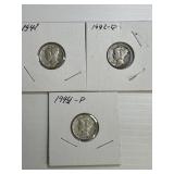 1941, 1942-D, 1944-P Mercury Dimes