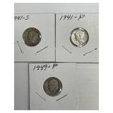 1941-P, 1942-S, 1949-P Mercury Dimes