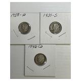 1938-P, 1939-S, 1940-D Mercury Dimes
