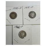 1915-P, 1900-P, 1942-P Mercury Dimes