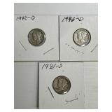 1941-S,1942-D, 1943-D Mercury Dimes