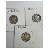 1937-D, 1938-D, 1941-D Mercury Dimes