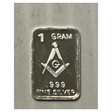 1 gram Masonic Silver Bar