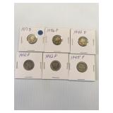 6 Mercury Dimes 90% silver various dates