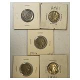(5) Buffalo Nickles 1928-1937