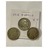1915, 1918, 1919-P Early Buffalo Nickels x3