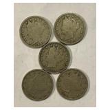 1898, 1900, 1901, 1907 & 1910 V Nickels