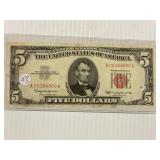1963 Red Seal 5 Dollar Bill Legal Tender Note AU