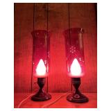 Pair red antique lamps, Ruby Cut glass. marked wei