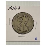 1918-D Silver Liberty  Walking Half Dollar