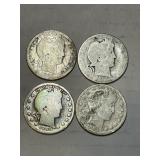 4 Different Date Barber Silver Quarters