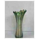 Green 10" Iridescent Carnival Glass "SWUNG" vase
