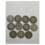 11 Different Dated Silver Barber Dimes