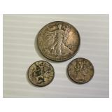 Lot of 3 Silver Coins (Walking Liberty / Mercury D