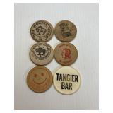 5 Old Wooden Nickels and Beer Chip