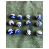 12 Blue and White Swirl Marbles 1/2" - 5/8"