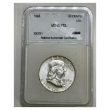 1958 Franklin Half Dollar Slabbed MS 66
