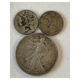 2 Merc Dimes, 1 walking 1/2 dollar