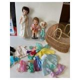 Wicker Basket w/ Vintage dolls & clothes