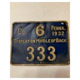 1932 Metal PA Resident Hunting License