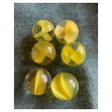6 yellow Clear Cats Eye Marbles most 4 vanes 5/8"
