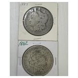 1882, 1887 Morgan Silver Dollars x2