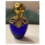 Blue Perfume Bottle w/gold color lid Avon Empty