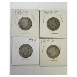 1894, 1903, 1905, 1915-D barber silver quarters x4
