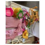 Clear bin w/ vintage Barbie furnitue and appl, acc