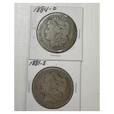 1881-S, 1884-O Morgan Silver Dollars x2