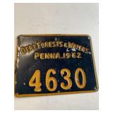 Dept Forests & Waters Penna 1962 License Tin