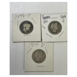1898, 1908-O, 1914-D Barber Silver quarters x3