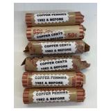 6 Rolls Copper Pennies 1982 & Before !