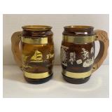 Set of 2 Vintage Amber Glass Travel Souvenir Mugs
