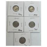 5 Roosevelt Silver Dimes 1946,47,52, 52-D,54