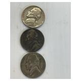 3 Silver War Nickels 1944 PDS