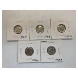 5 Roosevelt Dimes 1956-D, 1960-D, 1962-D 1963-D