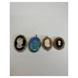 3 CAMEO BROOCH PINS, 1 PENDANT