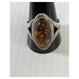 Silver Amber Ring Marked 925 sz10