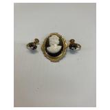 CAMEO BROOCH PIN & CAMEO EARRINGS